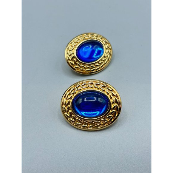 TRIFARI TM Blue Cabochon Earrings Elegant Oval Clip On Plastic Acrylic Stones - Picture 3 of 8